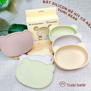 Bát ăn dặm silicon có đế hít có nắp Yumi Bear