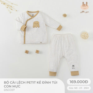 Little Love - Bộ cài lệch petit kẻ đính túi con mực